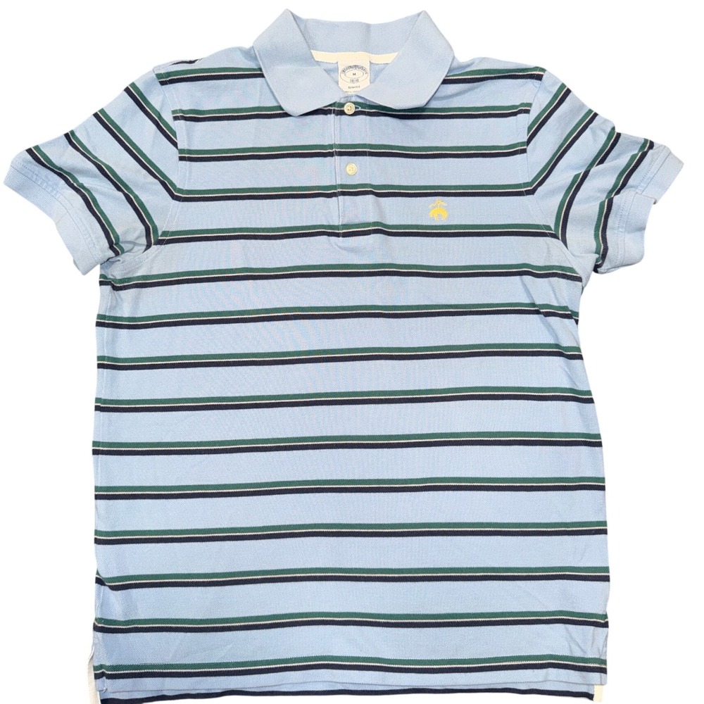 Brooks Brothers 1818 Polo Shirt Mens Medium Blue Striped Slim Fit Cotton Pique